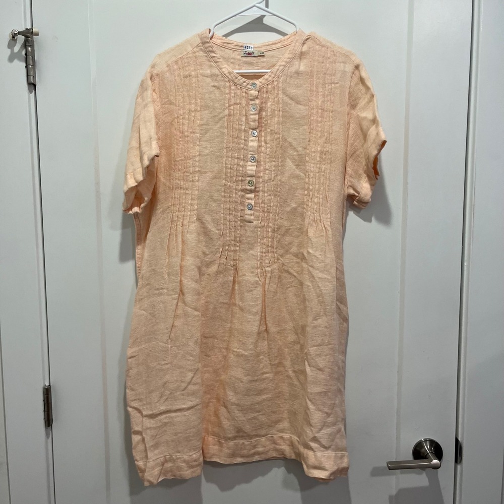 Faherty Peach Linen Pintuck Henley Shift Dress with Pockets XL